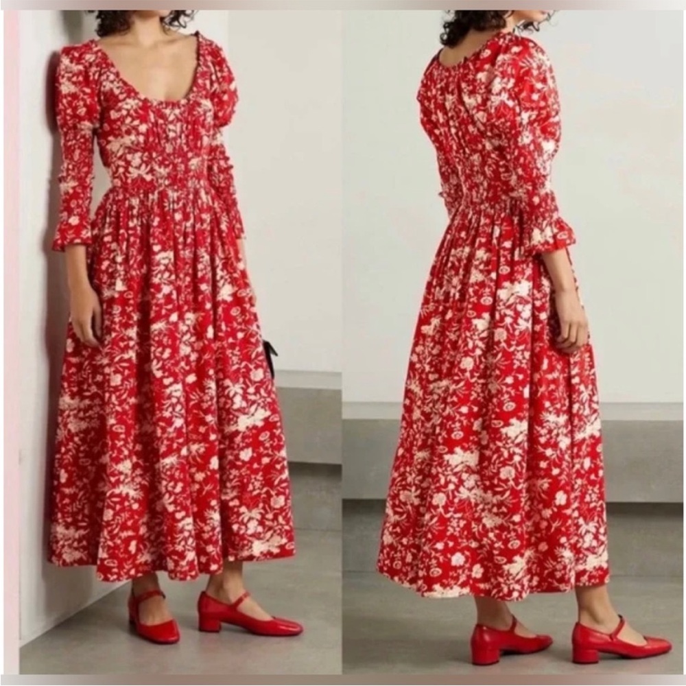 DÔEN Meribel Shirred Floral-Print Cotton-Poplin Midi Dress size Small